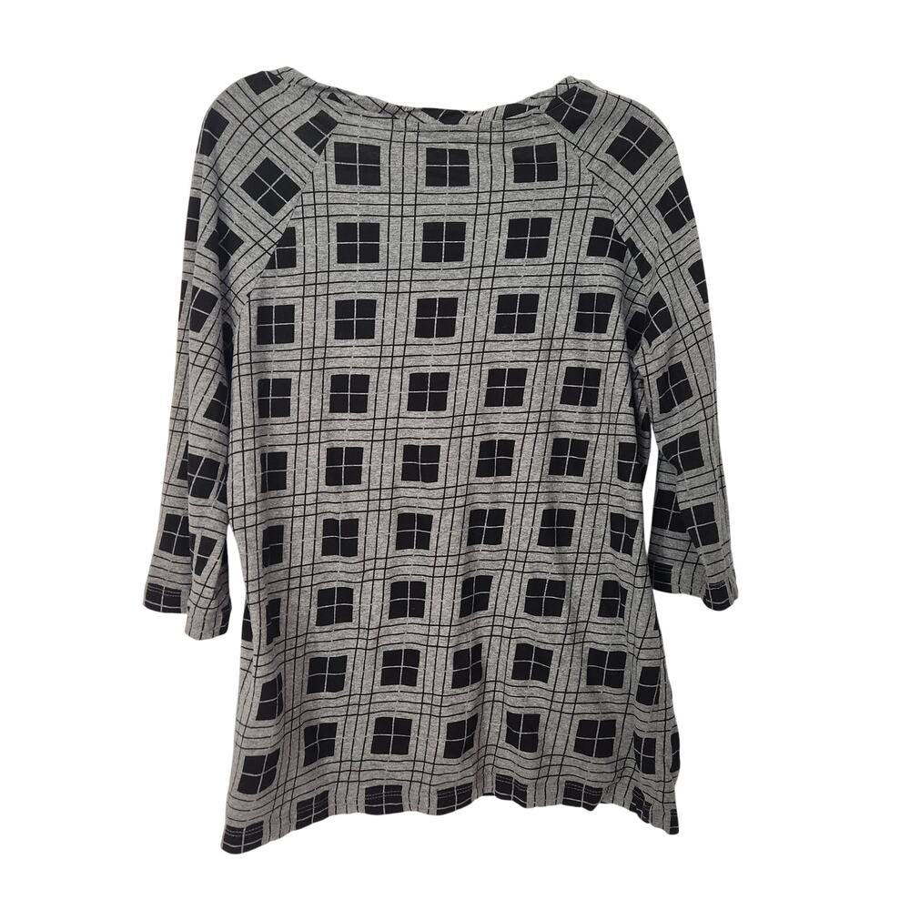 Norma‎ Kamali Gray Scooped Neck Organic Cotton 3/4 Sleeve Plaid Tee Women 2XL - Picture 7 of 7